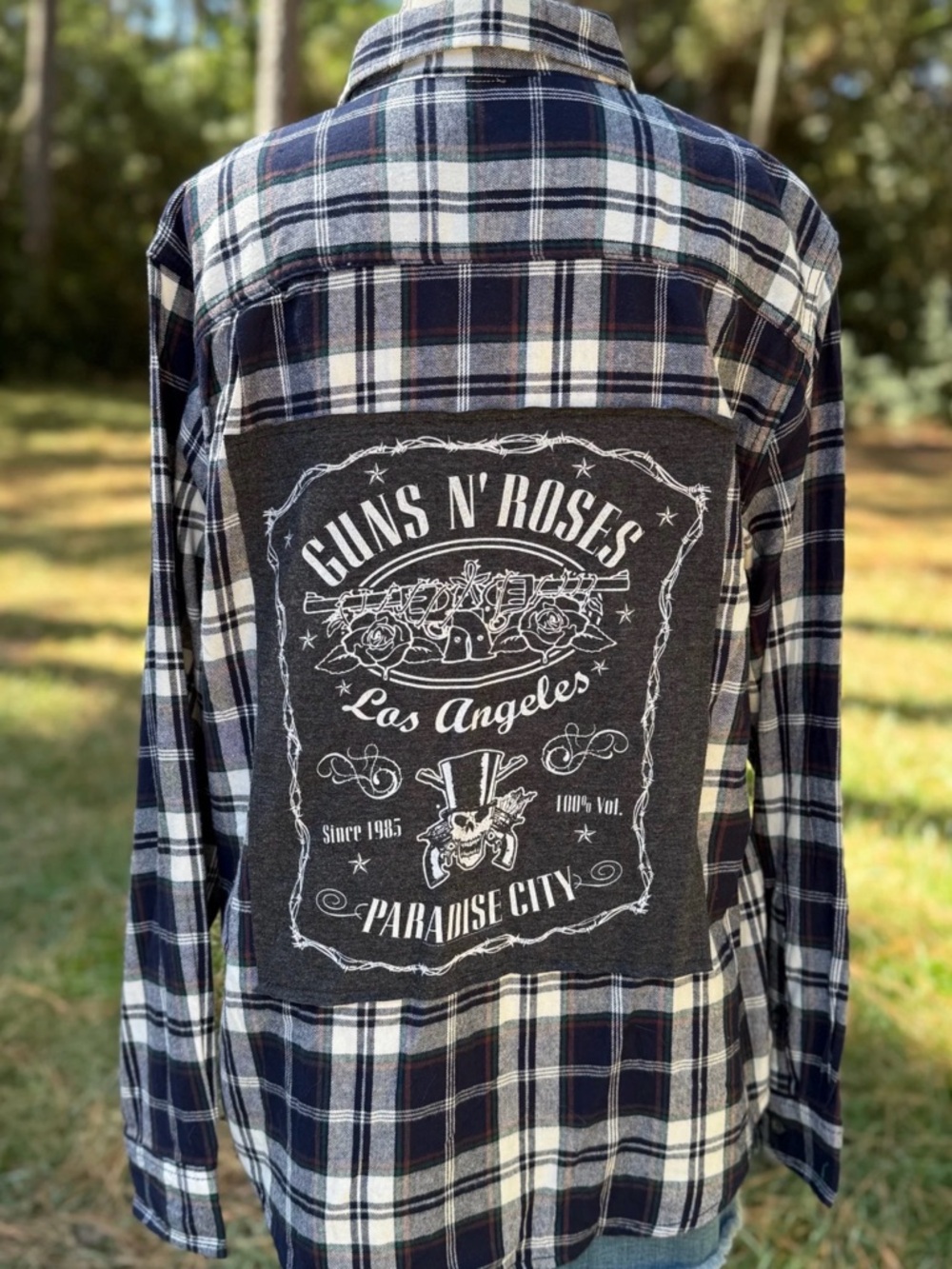 Upcycled Guns N Roses Navy & White Plaid Flannel Shirt